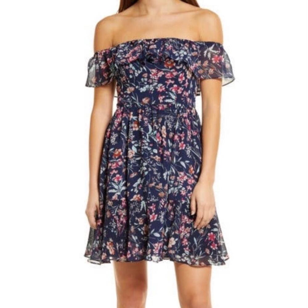 Lulu's | My Favorite Navy Blue Floral Print Off-the-Shoulder Mini Dress